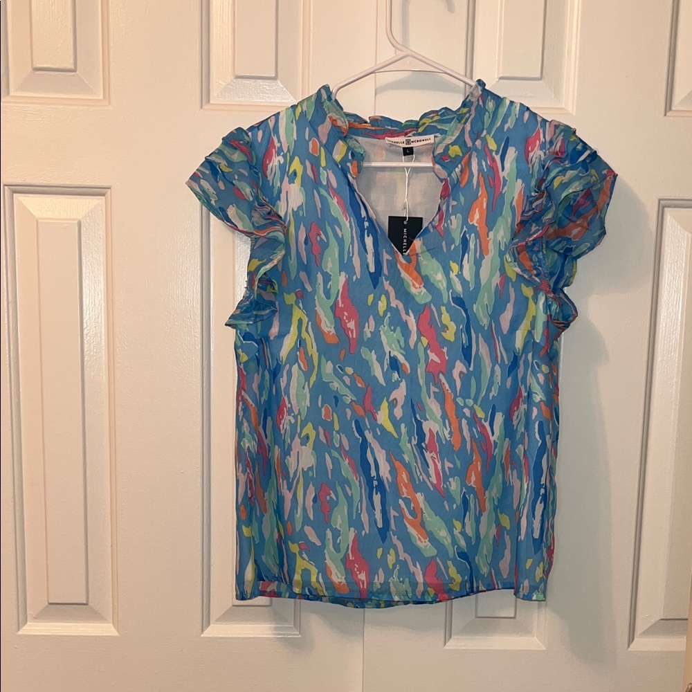 NWT Michelle Mcdowell Tiger Tail Multi Blue Marley Top Blouse Shirt Size L